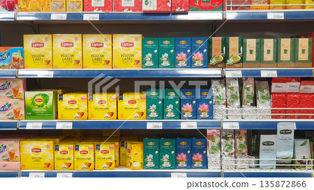 Tea Bag Organizer Box Display On Shelf At A Supermarket. 135872866