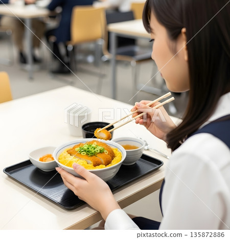 Office lady eating katsudon 135872886