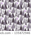 A seamless pattern of various trees. The design features tall pine trees and bare branches 135872946