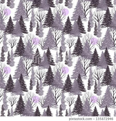 A seamless pattern of various trees. The design features tall pine trees and bare branches 135872946