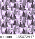 A seamless pattern featuring stylized trees and rabbits on a lavender background 135872947