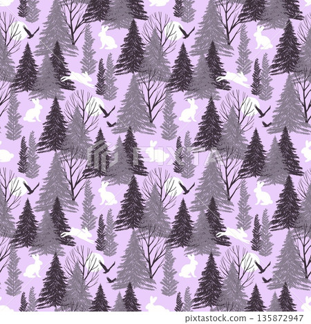 A seamless pattern featuring stylized trees and rabbits on a lavender background 135872947