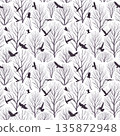 A seamless pattern of bare trees and flying birds in black on a white background 135872948