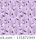 A seamless pattern featuring bare trees and various birds on lavender background 135872949