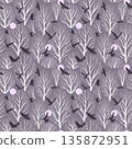 A seamless pattern featuring stylized white trees and birds on a muted gray background 135872951