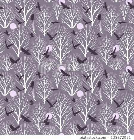 A seamless pattern featuring stylized white trees and birds on a muted gray background A seamless pattern featuring stylized white trees and birds on a muted gray background 135872951