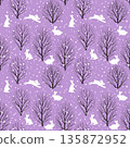 A seamless pattern featuring white rabbits and bare trees on a purple background 135872952