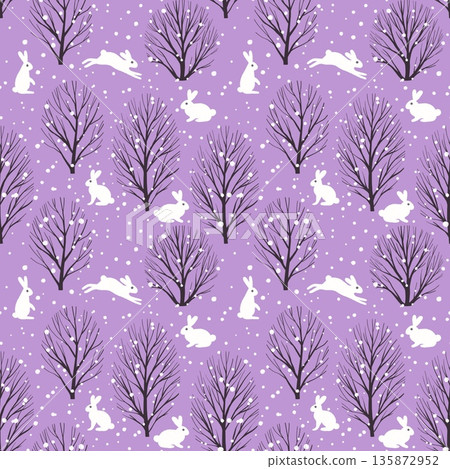 A seamless pattern featuring white rabbits and bare trees on a purple background 135872952