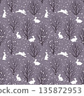 A seamless winter pattern featuring white rabbits and bare trees on gray background 135872953