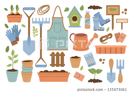 Collection of gardening tools and flowering plants. Summery set of flat-style illustrations. Tools for growing plants, cultivating the garden, and vegetable garden. Collection of gardening tools and flowering plants. Summery set of flat-style illustrations. Tools for growing plants, cultivating the garden, and vegetable garden. 135873061