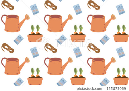 Seamless pattern with a watering can and seedlings. Summer series of flat illustrations. Tools for growing plants, gardening, and vegetable gardening. 135873069