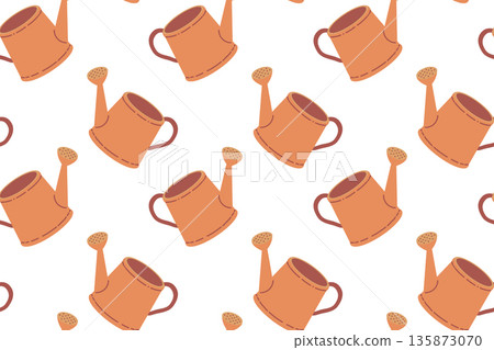 Seamless pattern with a watering can. Summer series of flat illustrations. Tools for growing plants, gardening, and vegetable gardening. 135873070