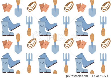 Seamless pattern with gardening tools and clothing. Summer series of flat-style illustrations. Tools for growing plants, cultivating the garden, and vegetable garden. 135873071
