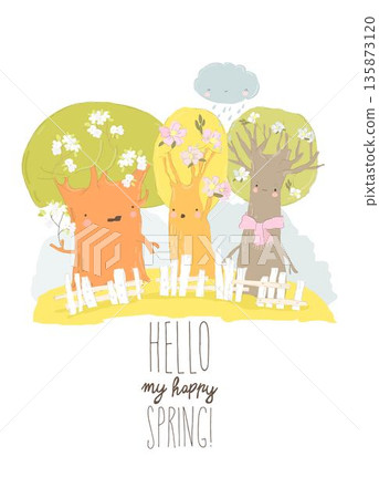 Cartoon Spring Blooming Trees. Happy Season Cartoon Spring Blooming Trees. Happy Season 135873120