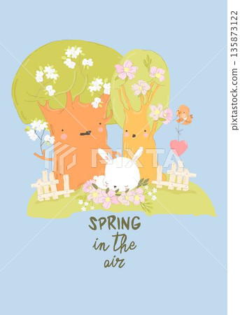 Cute Little Rabbit sleeping Under Blooming Trees Cute Little Rabbit sleeping Under Blooming Trees 135873122