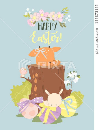 Cute Little Fawn and Rabbit sleeping on Big Stump Near Easter Eggs 135873125
