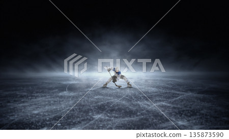 Dynamic poster hockey player skating with puck on ice. 135873590