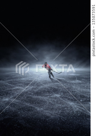 Digital artwork with hockey player standing alone on empty ice. Digital artwork with hockey player standing alone on empty ice. 135873591
