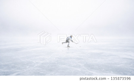 Cinematic poster of lone hockey player in dark ice fog. 135873596