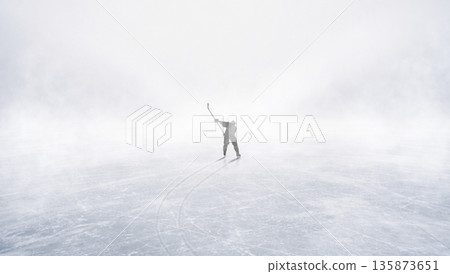 Minimal artwork with hockey player raising stick on bright ice. 135873651