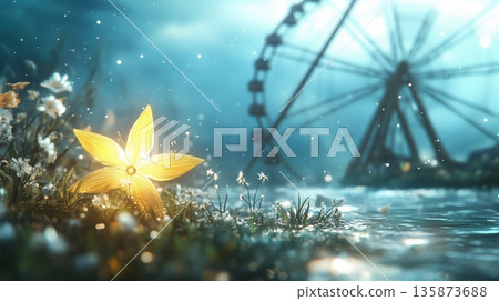 Ethereal golden flower shines by the water with a blurred Ferris wheel in the dreamlike background 135873688