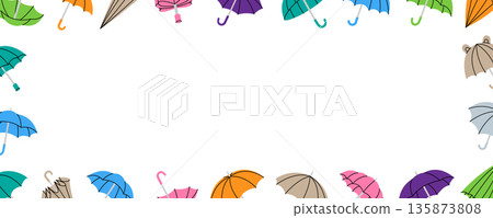 Colorful umbrella frame border on white background. Decorative seasonal vector design with rain protection symbols for autumn and spring Colorful umbrella frame border on white background. Decorative seasonal vector design with rain protection symbols for autumn and spring 135873808