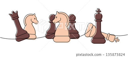 Linear minimalist outline of a queen, two knights, pawns and a king arranged on a line, abstract chess art 135873824