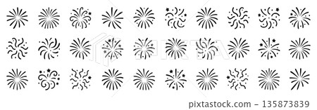 Fireworks icon set isolated on white background. Various festive explosion shapes Fireworks icon set isolated on white background. Various festive explosion shapes 135873839