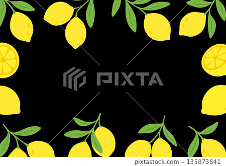 Bright lemons frame on black background. Citrus border design with yellow fruits and green leaves 135873841