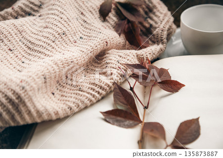 Autumn background with a knitted element, a cup of tea and autumn leaves. Autumn background with a knitted element, a cup of tea and autumn leaves. 135873887