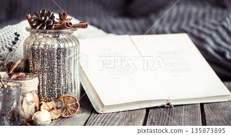 autumn composition with a book autumn composition with a book 135873895