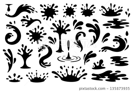 Black set of water splashes and drops. Fluid shapes collection for abstract backgrounds, decoration, design, and symbols Black set of water splashes and drops. Fluid shapes collection for abstract backgrounds, decoration, design, and symbols 135873935