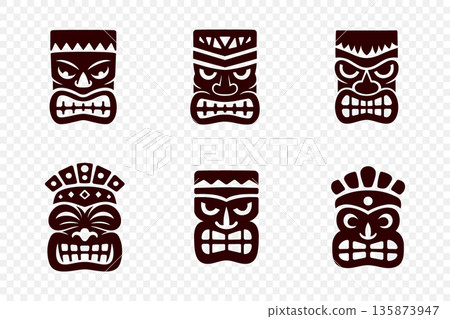 Set of six tiki masks on transparent background. Polynesian tribal vector design for tattoos, posters and cultural artwork Set of six tiki masks on transparent background. Polynesian tribal vector design for tattoos, posters and cultural artwork 135873947