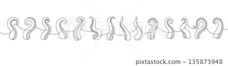 Octopus tentacles seamless line art. Curved line art vector for tattoos, ocean decor, fantasy sea monster and nautical themes Octopus tentacles seamless line art. Curved line art vector for tattoos, ocean decor, fantasy sea monster and nautical themes 135873948