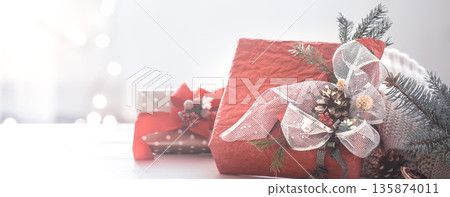 Beautiful festive Christmas red box in the living room at home 135874011