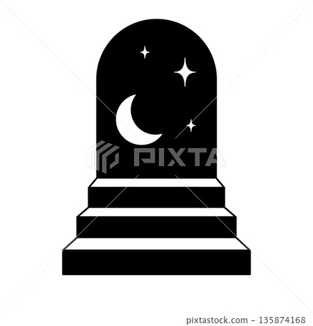 Minimal staircase to arched night portal with crescent moon and stars. Surreal dreamlike vector design in black and white. Minimal staircase to arched night portal with crescent moon and stars. Surreal dreamlike vector design in black and white. 135874168