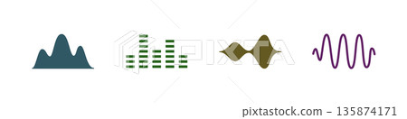 Colorful sound wave and equalizer icons. Minimal vector set of frequency and waveform illustrations 135874171
