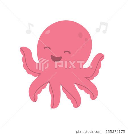 Happy pink cartoon octopus dancing with music notes. Cute sea animal illustration with joyful face and raised arms 135874175