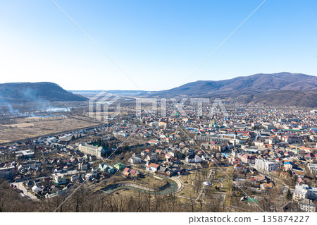 City in the mountains in Ukraine, the landscape of the city in the highlands. 135874227