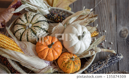 Close-up of pumpkin, corn and autumn leaves on a wooden background. Close-up of pumpkin, corn and autumn leaves on a wooden background. 135874309