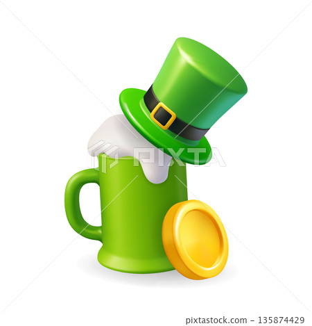 Green beer mug with leprechaun hat and gold coin. 3D Saint Patricks Day festive drink icon on white background Green beer mug with leprechaun hat and gold coin. 3D Saint Patricks Day festive drink icon on white background 135874429