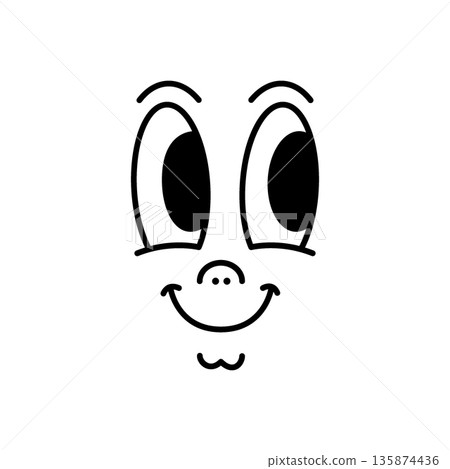 Cartoon face with tiny nose and cheerful eyes. Funny comic expression with retro charm and happy vibe. 135874436