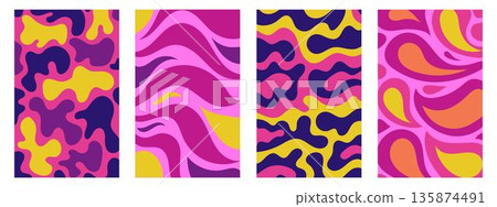 Retro Abstract Background Set with Colorful Waves and Shapes. Trendy 60s 70s Groovy Style Vector Illustration Collection 135874491