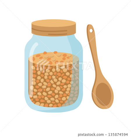 Glass jar with grains and wooden spoon. Zero waste food storage container vector icon 135874594
