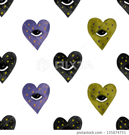 A vibrant seamless watercolor pattern featuring stylized purple, green, and black hearts with eyes on a clean white background. A vibrant seamless watercolor pattern featuring stylized purple, green, and black hearts with eyes on a clean white background. 135874751