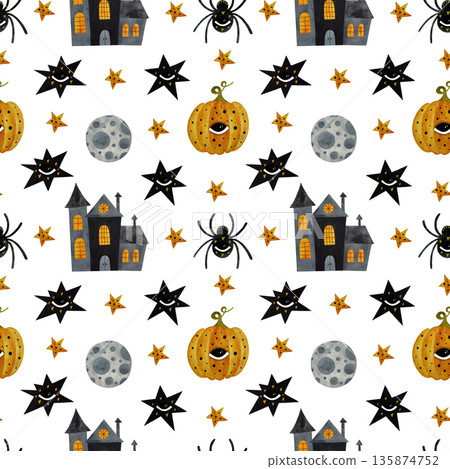 A playful seamless watercolor pattern featuring a stylized moon, a haunted house, pumpkins, a spider, and stars with eyes, all celebrating the Halloween spirit on a crisp white background. A playful seamless watercolor pattern featuring a stylized moon, a haunted house, pumpkins, a spider, and stars with eyes, all celebrating the Halloween spirit on a crisp white background. 135874752