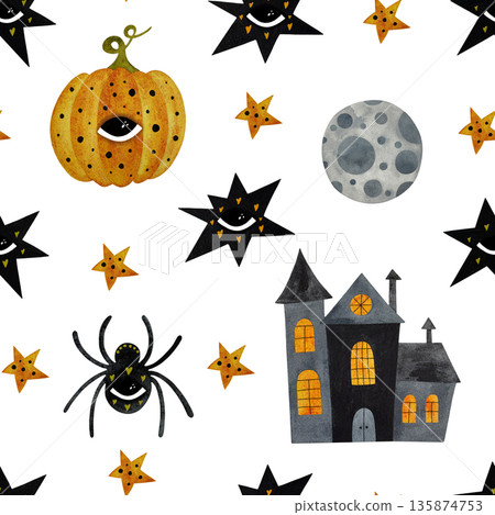 A playful seamless watercolor pattern featuring a stylized moon, a haunted house, pumpkins, a spider, and stars with eyes, all celebrating the Halloween spirit on a crisp white background. 135874753