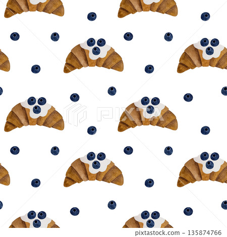 A delightful seamless watercolor pattern featuring croissants topped with whipped cream and fresh blueberries on a crisp white background. A delightful seamless watercolor pattern featuring croissants topped with whipped cream and fresh blueberries on a crisp white background. 135874766