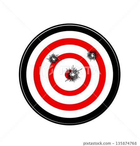 Black and red round shooting target with bullet holes without background. 135874768