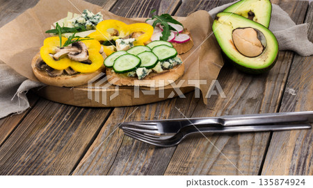 sandwiches healthy food on wooden background sandwiches healthy food on wooden background 135874924